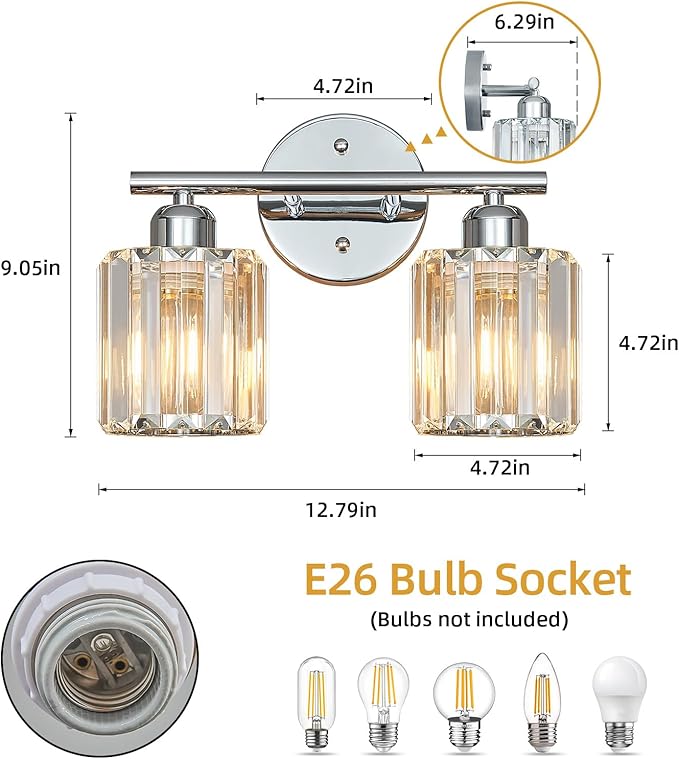 FDPBY Modern 2 Light Crystal Vanity Light, Chrome Vertical Bathroom Light Fixture Over Mirror for Dressing Table Sink, Compatible with Dimmable Bulbs (Bulbs Not Included)