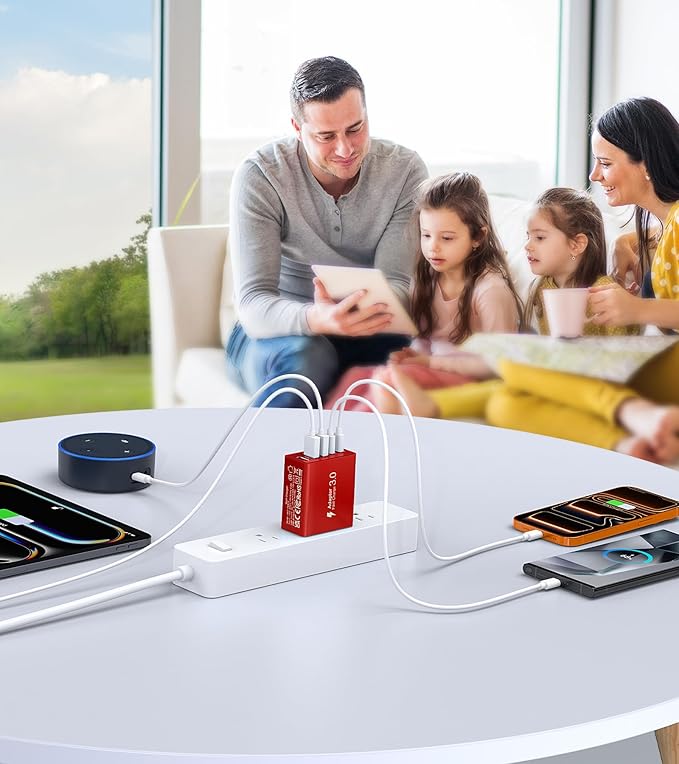 USB C Wall Charger Block, 2Pack 60W USB C Charger 5-Port PD Fast Charging Blocks,QC 3.0 USB A Multiport Plug,Type C Power Adapter Brick Cube for iPhone 17/16/15/14/13/Pro,Samsung,for Switch/Pixel（Red）