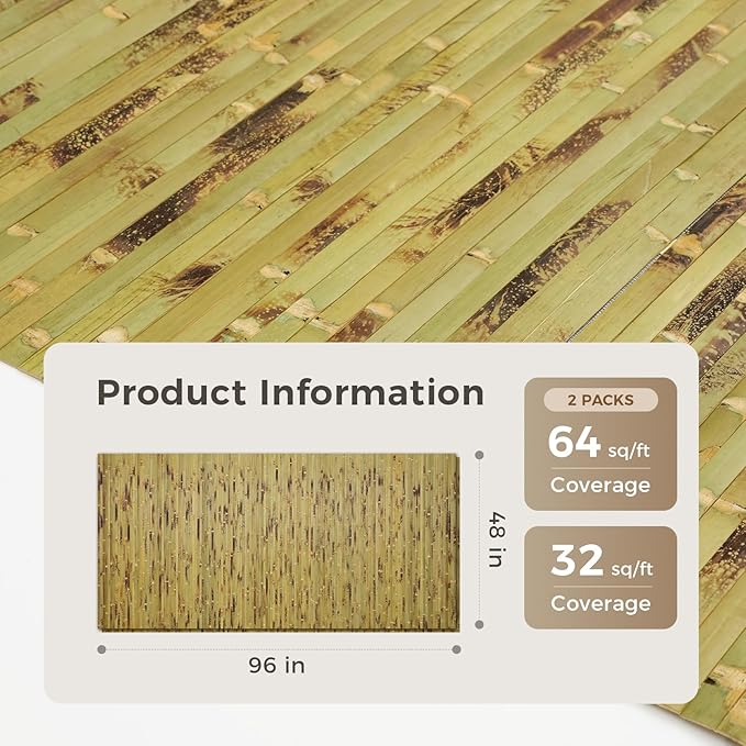 OUZUGIE 2 Pack 96x48 Inch Natural Bamboo Wall Panel – Green Burned Pole Wrap Paneling for Walls, Ceilings, Cabinets, Furniture – Ideal for Bedroom, Living Room & Office DIY Decor