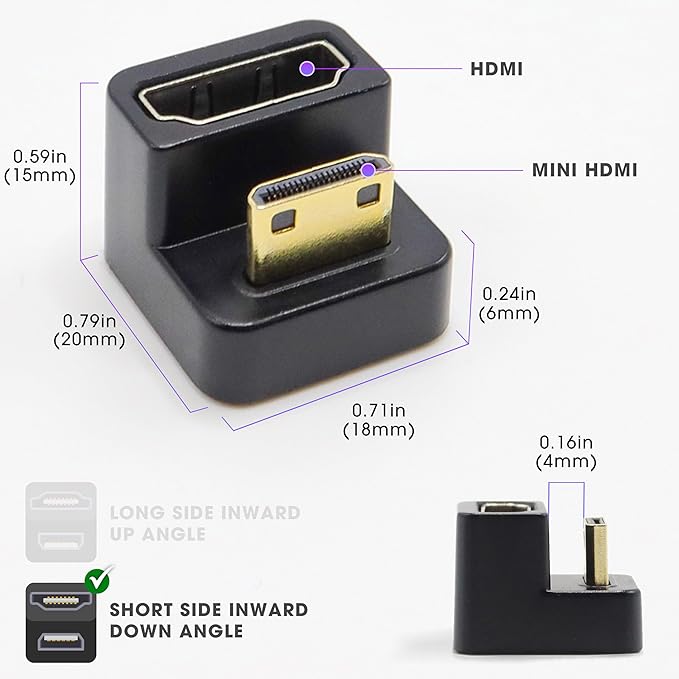 Kado 180 Degree Mini HDMI to HDMI 4K 60Hz Adapter U Shaped Mini HDMI Male to HDMI Female Extender Converter for Portable Monitor, Laptop, Tablet, Camera and Projector (Short Side Inward Down Angle)