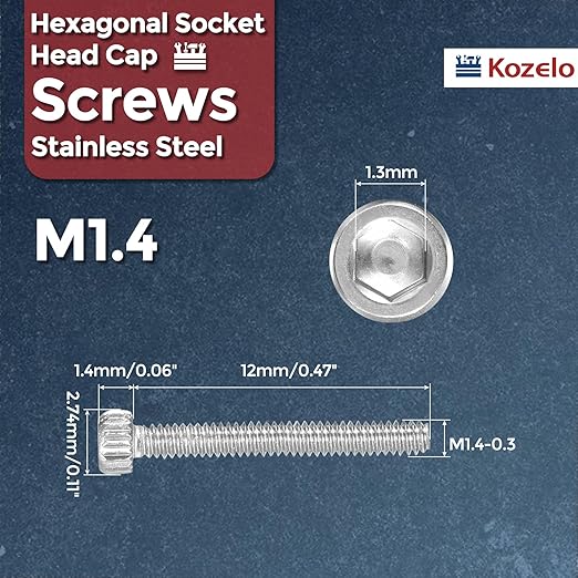 Kozelo 100pcs Socket Head Cap Screws - [M1.4-0.3 x 12mm] 304 Stainless Steel Allen Socket Drive for Electrical Motor 3D Printing Fan Engine Replacement Use, Silver