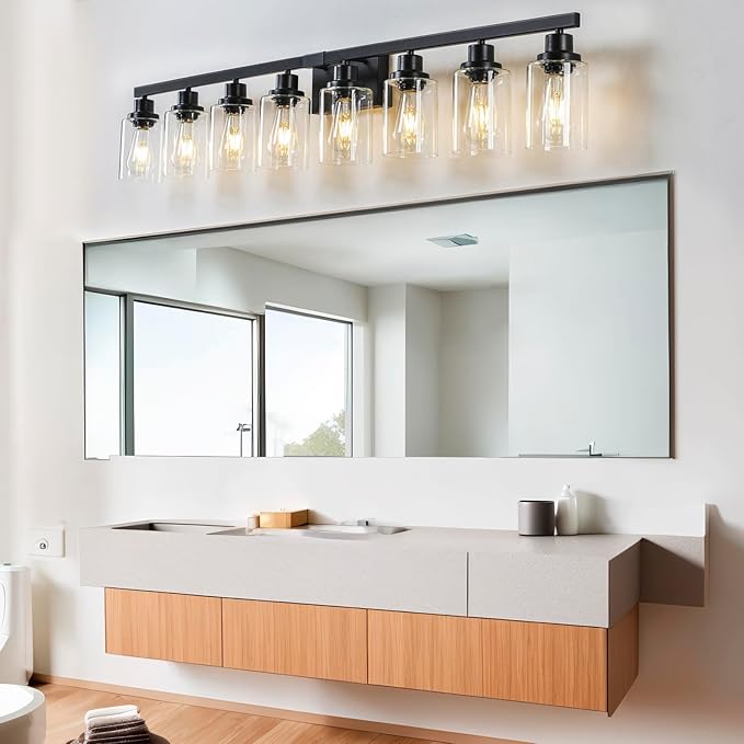DIKAIDA 8 Light Bathroom Vanity Lights Over Mirror, 52inch Black Vanity Lights Fixtures Matte Black Modern Vanity Lights Black Bathroom Wall Lighting for Mirror Bedroom,Living Room