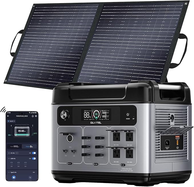 OUKITEL P2001 Plus 2400W Solar Generator with 100W Solar Panel, 2048Wh Solar Power Station with 4 AC Outlets(5000W Peak), 1.5H Full Charging, APP Control Battery Backup for Home, Camping & RVs