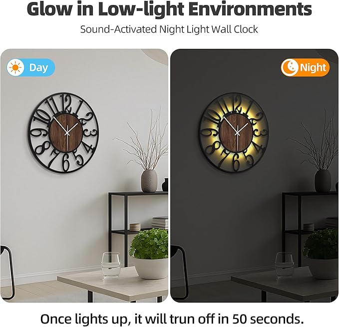 Casaformia 24'' Silent Wall Clock with Night Light, Glow in The Dark Decorative Wall Clock Battery Operated, Rustic Modern Metal & Wood Clocks for Bedroom Living Room Decor, Arabic Numerals