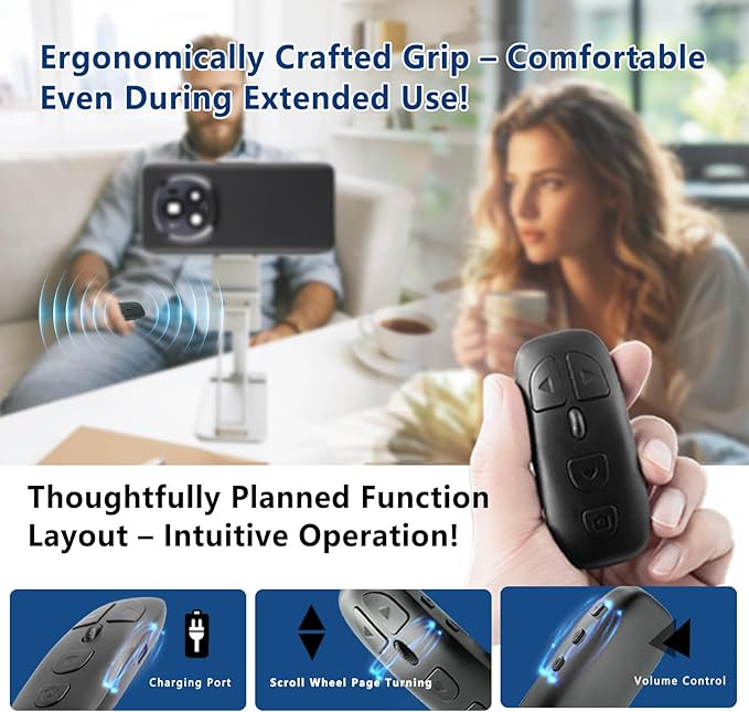 TikTok Multi-Function Scroll Ring Remote Control – Supports Page Turning, Volume Adjustment, Bluetooth Photo & Video Shooting, Compatible with iOS and Android.