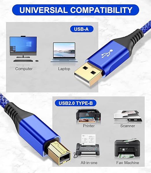 sweguard Printer Cable 10ft 2-Pack, USB Printer Cord USB 2.0 Type A Male to B Male Cable Scanner Cord High Speed Compatible with HP,Canon,Dell,Epson,Brother,Lexmark,Xerox,Samsung and Piano,DAC-Blue