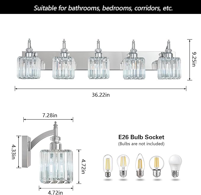 BBLLWJ Crystal Vanity Lights Chrome 5 Light Bathroom Light Fixtures Over Mirror Modern Vanity Light for Bathroom