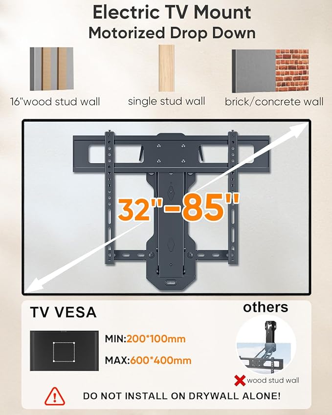 WHYFONE Motorized TV Mount with Remote for 32 to 85 inch Screen up to 88 lbs, Electric TV Mount Drop Down 17.7” Height-Adjustable on Fireplace, Max VESA 600x400mm, 8-16" Wood Stud/Brick/Concrete Wall