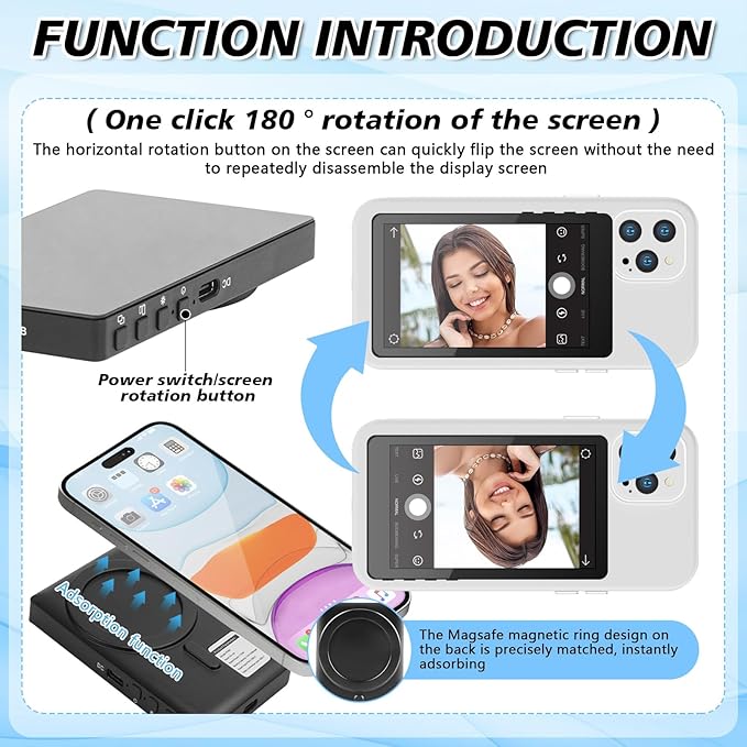 LANBOUY Selfie Screen Back Camera Monitor Phone Vlog Magnetic Selfie Screen Mirroring Vlogging Content Creator Kit for Live Stream Tiktok, Compatible with iPhone