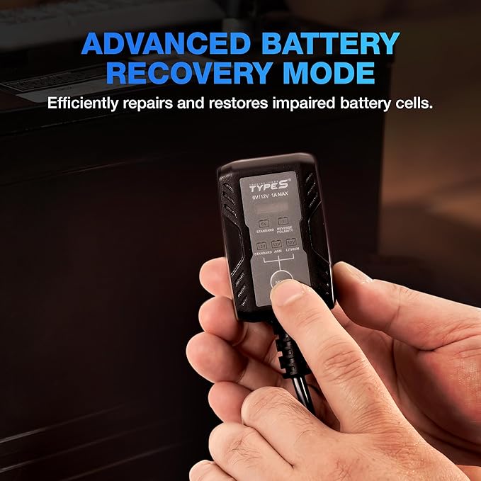 Type S 1A Smart Battery Charger & Maintainer, 6V & 12V Fully Automatic Trickle Charger, Low-Voltage Recovery, Auto-Voltage Detection, Sulfation Prevention – for Cars, Motorcycles, ATVs, Boats & More