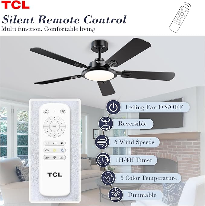 TCL Ceiling Fans with Lights, 52 Inch Ceiling Fan with Light and Remote Control, Reversible DC Motor, Noiseless, Dimmable 36W LED, Modern Ceiling Fan for Bedroom Living Room (Black)