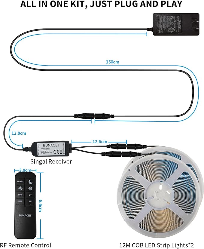 BUNACET 80FT/24m COB LED Strip Light (2 Rolls of 40ft) Warm White Dimmable 6500K High Lumen CRI 90+ with 24V Power Adapter RF Remote LED Lights for Bedroom Counter Under Cabinet Kitchen Projects