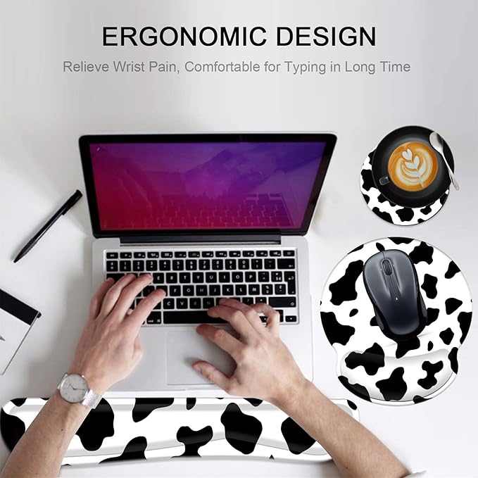 Keyboard Wrist Rest and Mouse Pad Wrist Support Set with Coasters,Non-Slip PU Base Ergonomic Gaming Mousepad for Home Office Working Studying Easy Typing & Pain Relief,Cute Cow Print