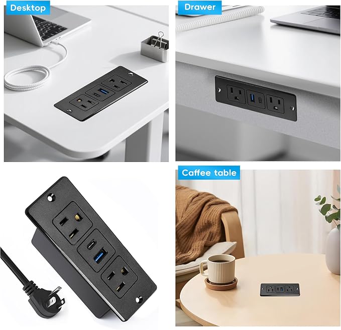 Havorbit 20W Recessed Power Strip USB, 2 AC Outlets + 1 USB-C + 1 USB-A Ports, 6ft Cord, Space Saving Furniture Outlet for Desk/Bedside/Kitchen/Drawer (18W USB-A & 20W USB-C Fast Charge)