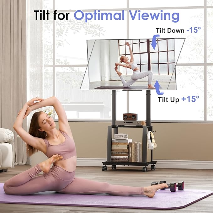 Rolling TV Stand on Wheels for 23-60Inch Flat/Curved Screen TVs,Tilt Mobile TV Cart with 2 Shelves,Portable TV Stand with Adjustable Height Holds up to 50lbs for Indoor Outdoor Max VESA 400x400mm