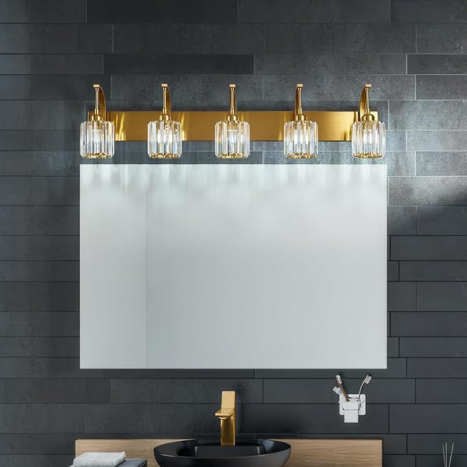 FDPBY 5-Light Crystal Vanity Light, Modern Gold Bathroom Wall Sconce with K9 Crystal Shades, 42.51" Long Over Mirror Lighting for Vanity, Makeup, Hallway, Elegant & Easy Installation