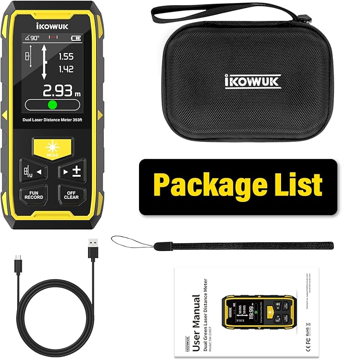 IKOVWUK Dual Laser Measuring Tool, 393FT/120M Bilateral Laser Distance Meter 6 Unit Switching, Rechargeable Digital Laser Measure with Backlit LCD Display, Angle Sensor, Multiple Measure Mode