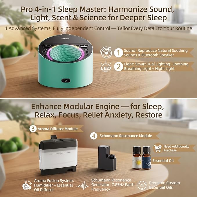 ANWOON Sound Machine & Aroma Diffuser Pro 4-in-1 Sleep System, Premium Metal Shell with Schumann Resonance &Night Light, White Noise &50+ Natural Sounds -for Sleep, Focus, Relaxation -Adults Kids Baby