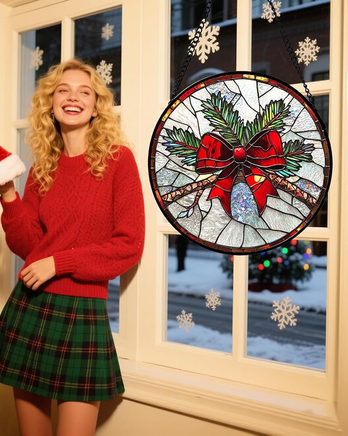 DASTOLL Stained Glass Window Hanging - Pine Branches Red Bow Suncatcher for Doors Home Christmas Decoration Silver Sun Catcher Thanksgiving New Year Birthday Gifts for Women Men Mom Nana 7.8 in