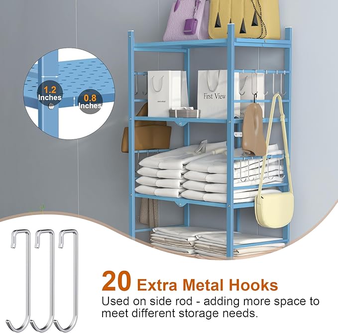 Storage Shelves with 20 Hooks, 5-Tier Foldable Shelf for Storage, Folding Shelf Unit Pantry Shelves with Wheels, Standing Shelving Unit for Kitchen Garage Home Office Room Greenhouse, Blue