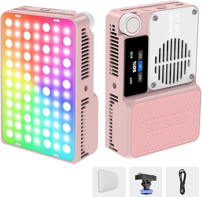 Amaran Ace 25c Pocket RGBWW LED Light, Boost Mode Up to 32W, Full-Color Mini Video Light (2,300-10,000K), 1,171 Lux@1m at 5,600K, 4500mAh Battery with PD Fast Charging for Mobile Creators (Pink)