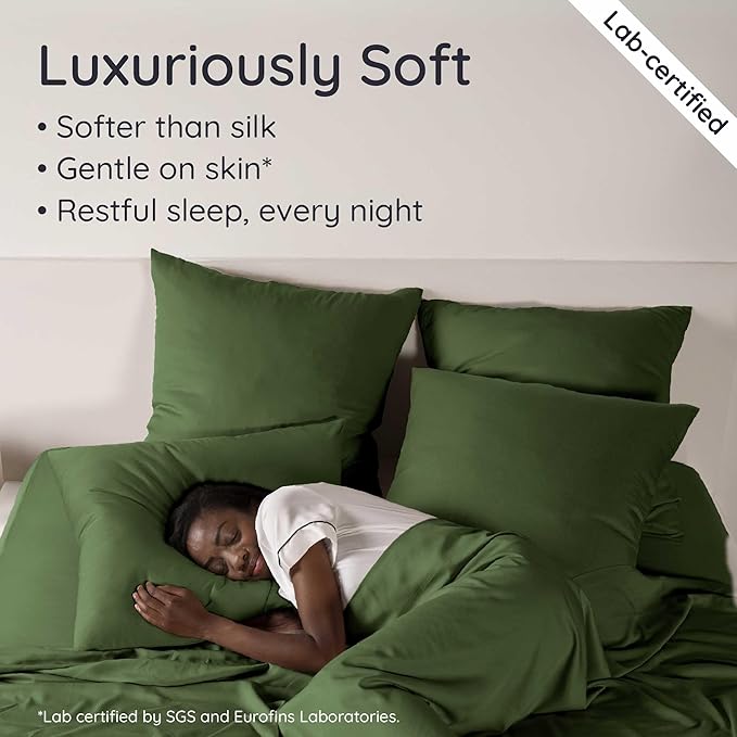Bambaw 100% Viscose Derived from Bamboo Queen Sheet Set 6 Piece, Queen Size Cooling Sheets for Hot Sleepers, Super Soft Sheets, Deep Pockets Fits Up to 16'' Mattresses (Olive)