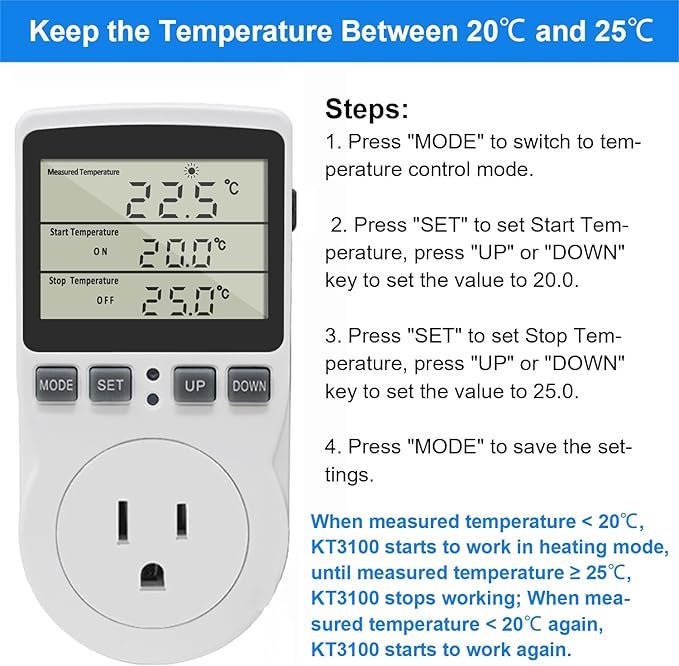 KETOTEK Digital Thermostat Outlet Plug Temperature Controller Outlet Socket 120V Heating Cooling Control 110V 15A Celsius Fahrenheit Display White