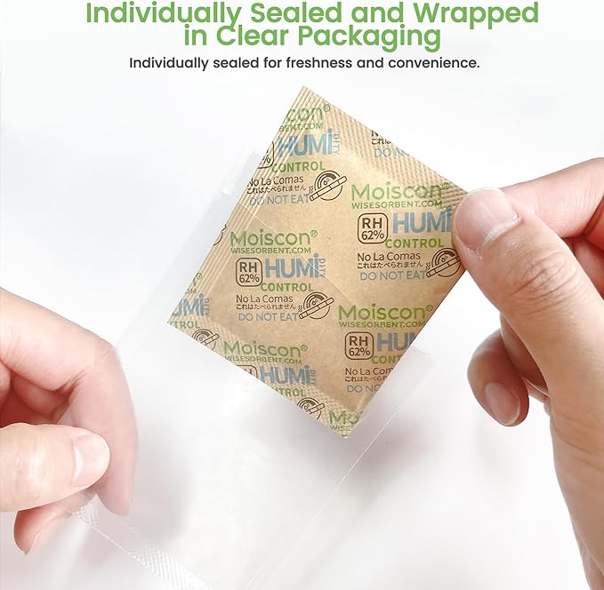 Wisesorb 62% Size 8 Two-Way Humidity Control Packs, 120 Pack 8 Gram for Storing 1 oz, Moisture Control Packets Individually Wrapped