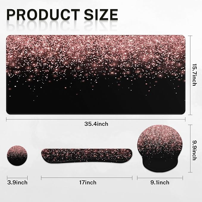 Britimes Rose Gold Pink Keyboard Mouse Pad Set Black Golden 4in1 Large Mousepad+Keyboard Wrist Rest+Mouse Wrist Rest+Coaster Ergonomic Design for Home Office Computer 35.4x15.7 inches