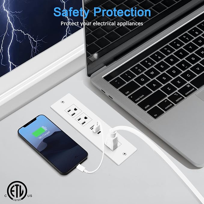 Recessed Power Strip, Furniture Drawer Outlet with 20W PD USB-C & 18W QC3.0 USB-A, Plug in 3 Outlets & USB Ports, Flush Mount 3FT Flat Extension Cord Conference Desk Outlets White