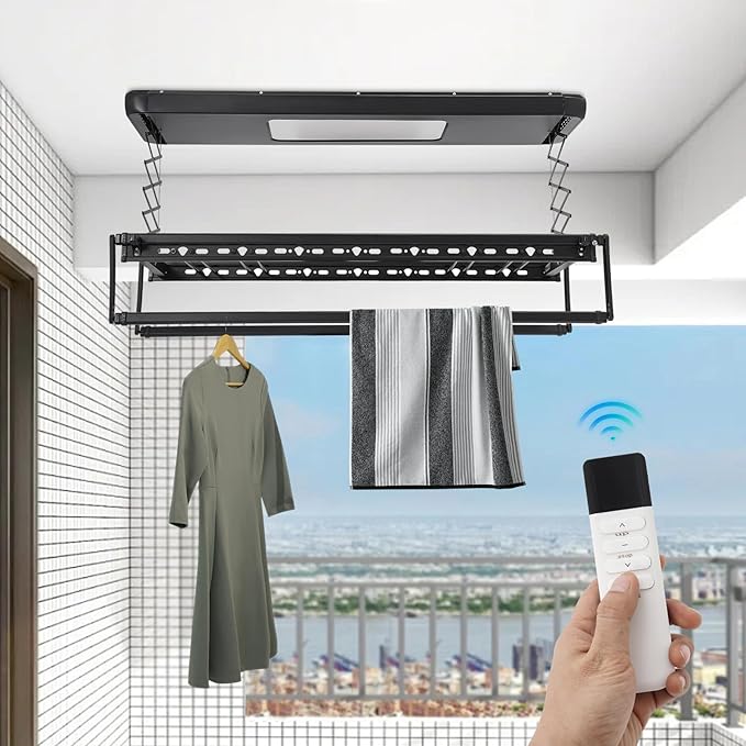 banborba Electric Retractable Airing Rack, Ceiling Mounted Clothes Drying Rack, Retractable Clothesline, Vertical Laundry Drying Rod with LED Light & Remote, 110V 24W, Black