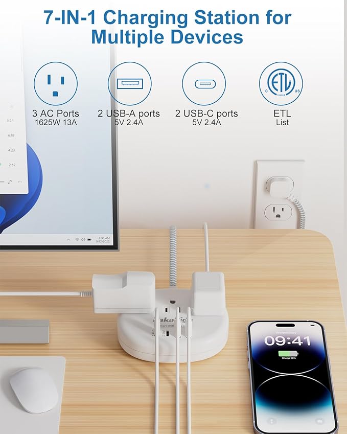 Small Extension Cord - Braided Extension Cord 10 Feet, 13 Amp (1625W) Power Strip with 3 AC Outlet 4 USB (24W/4.8A), College Dorm Room Essentials, White