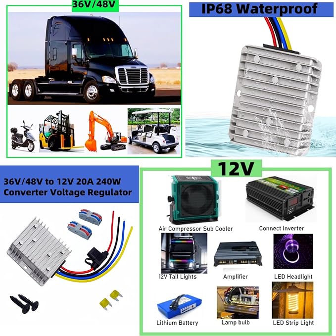 48V to 12V Converter Golf Cart Voltage Regulator Reducer Transformer Waterproof DC-DC 24V 36V 48V to 12V 20A 240W Step Down Converter with Fuse