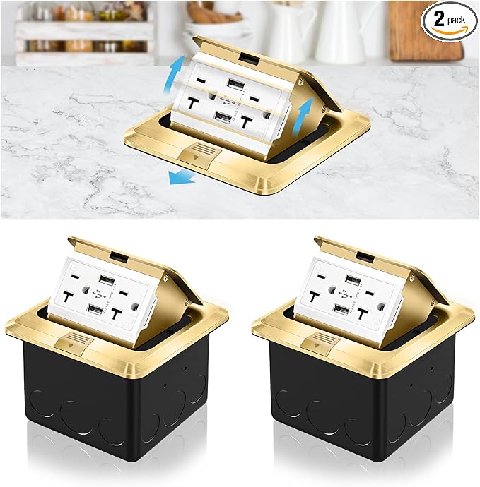 Vagueior Recessed Floor Electrical Outlet Kit,Waterproof Electrical Outlet Covcer Box,Hidden 4.8A USB+20A Tamper-Resistant Receptacle Outlet with Slow Elastic Damping ，ETL Certified,Gold (2 Pack)
