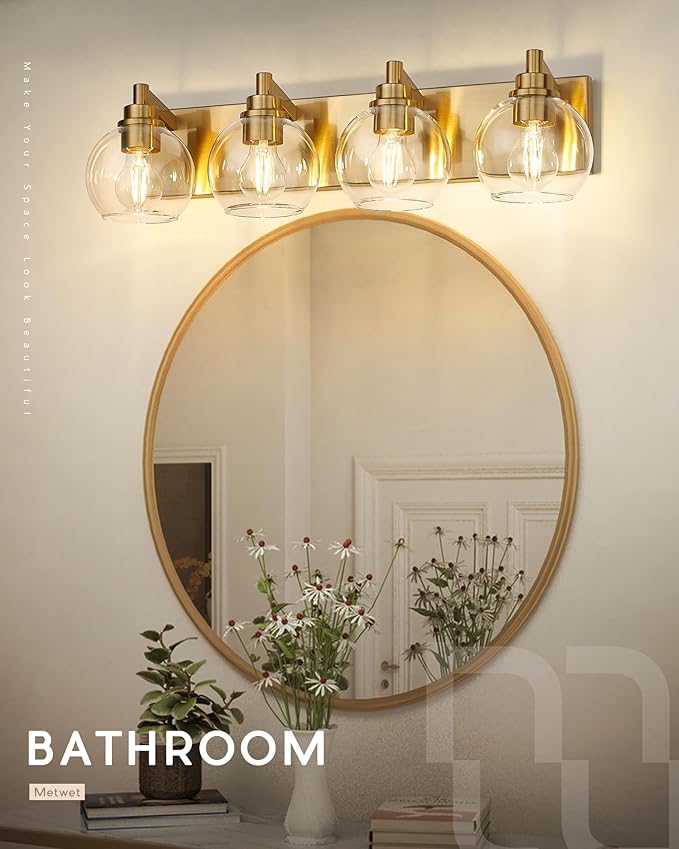 METWET Bathroom Light Fixtures, 4 Light Brushed Gold Vanity Light, 26 Inch Modern Wall Sconces with Globe Clear Glass Shade, Vanity Lighting Fixtures Over Mirror, VL195-BG-CL-4