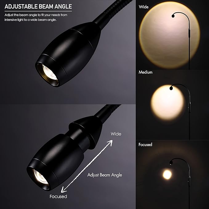 O’Bright Ray – Adjustable LED Beam Floor Lamp, Dimmable and Zoomable Spotlight, Flexible Gooseneck, Reading/Crafting Standing Lamp, Work Table Light, Matte Black