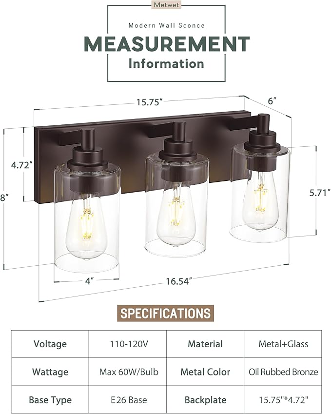 METWET 3-Light Bathroom Light Fixtures, Modern Vanity Light with Cylinder Clear Glass Shade, Vanity Lighting Fixtures Over Mirror, Oil Rubbed Bronze, VL143-ORB-3