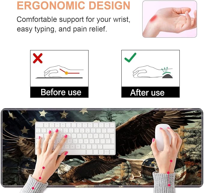 Ergonomic Keyboard Wrist Rest & Mouse Pad Wrist Rest Set,Large Gaming Desk Mat 31.5"x 11.8" with Non-Slip Base,Memory Foam,Easy Typing Pain Relief for Home & Office,Patriotic American Flag Bald Eagle