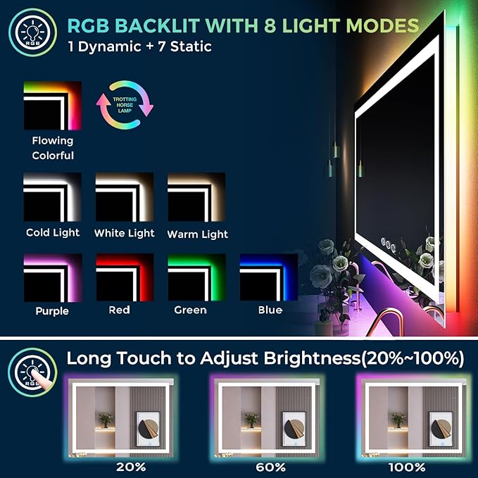 YEELAIT 40x36 Inch RGB LED Bathroom Mirror Front Light and RGB Backlit Lighted Vanity Mirror for Bathroom Wall Mounted Dimmable Anti Fog Memory Shatter-Proof IP54 Waterproof Horizontal/Vertical