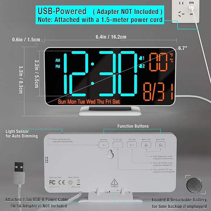 KOSUMOSU Desk Clock, 6.7in Small Digital Clock for Bedroom, Auto Dimming, Room Temperature, Day of The Week, Seconds, Date, LED Clocks for Living Room, Alarm Clocks for Bedrooms