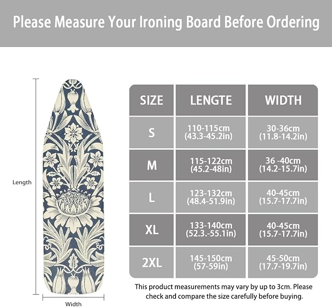 ZCFYGDX William Morris Art Floral Ironing Board Cover Decor, Resist Scorching & Staining, Easy Install Resistant Elastic Edges,3 Nylon Buckle Fasteners Straps,Relaxing Breathable Ironing Experience XL