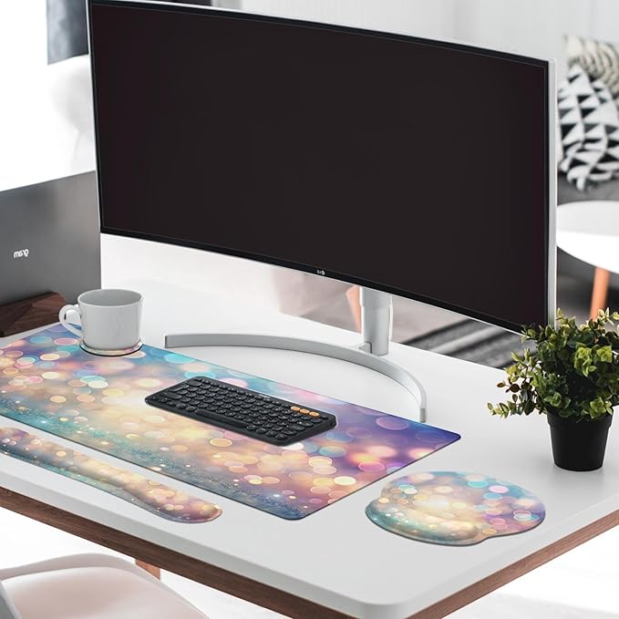 Britimes Abstract Pink and Blue Glitter Keyboard Mouse Pad Set 4in1 Large Mousepad+Keyboard Wrist Rest+Mouse Wrist Rest+Coaster Set with Ergonomic Design for Home Office Computer 35.4x15.7 inches
