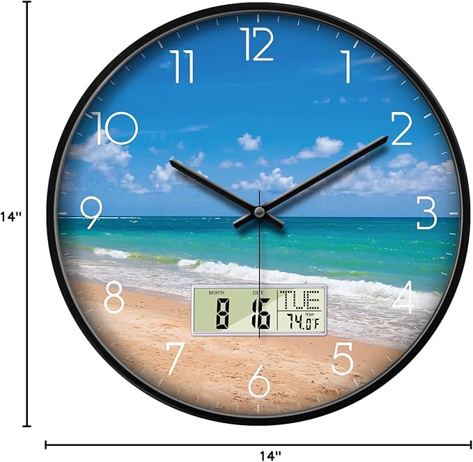 Modern Wall Clocks with Calendar and Date Ocean Wave Sea Beach Digital Clock Large Display Non-ticking Kitchen Silent Clock With Day and Temperature for Elderly Farmhouse Living Room Bathroom 14 Inch