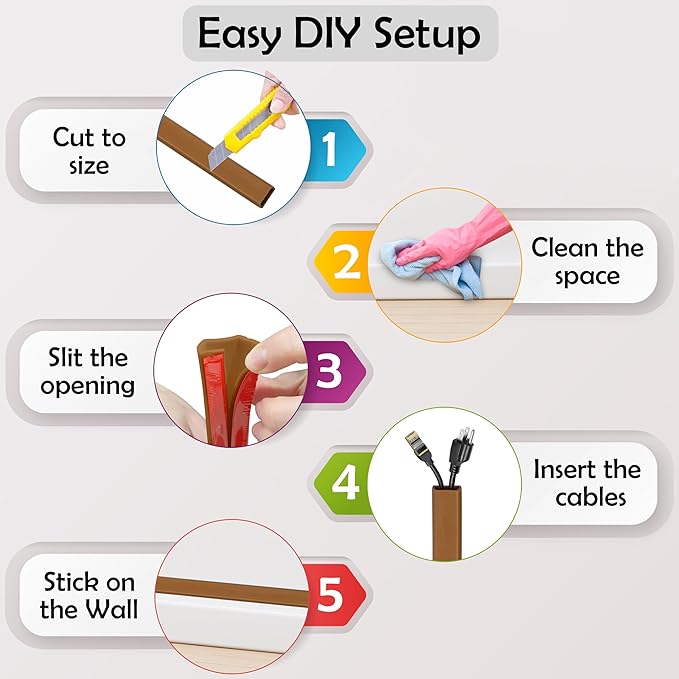 Rubber Bond TV Cord Hider Cable Protector - Strong Self Adhesive Wall Cord Cover Cable Hider - Low Profile Cable Management Wall Cord Concealer Cable Raceway (Brown, 6 Feet)