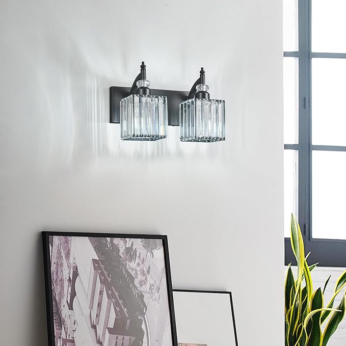 BBLLWJ Modern Bathroom Vanity Light 2-Light Black Crystal Light Fixtures Over Mirror for Bathroom Wall Sconce