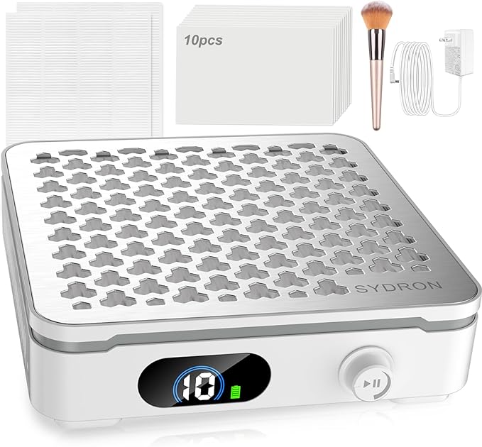 Nail Dust Collector | 1000PA Cordless Nail Dust Collector Nail Tech | 10 Speed Levels | Low Noise & Strong Suction | Reusable Filter, 10 Pads + Nail Dust Brush | for Acrylic Nails, Salon & Home-White