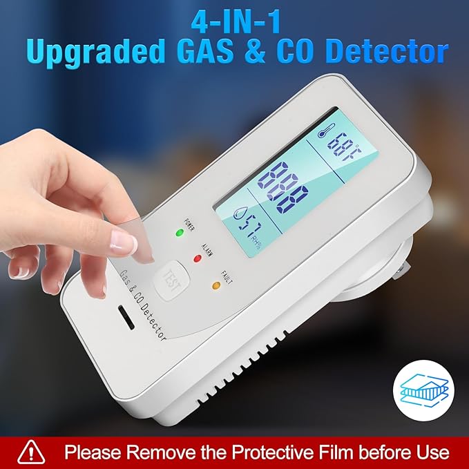 4in1 Combustible Natural Gas & Carbon Monoxide Detector, CO Leak Detector Home Air Quality Monitor with Digital Display for Temperature and Humidity, Kitchen & RV Alarm