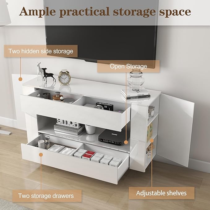 Vavkorkula High Gloss TV Stand for 55 Inch with 2 Large Drawers & Hidden Storage Cabinets, Modern Entertainment Center Television Stands for Living Room Bedroom, White
