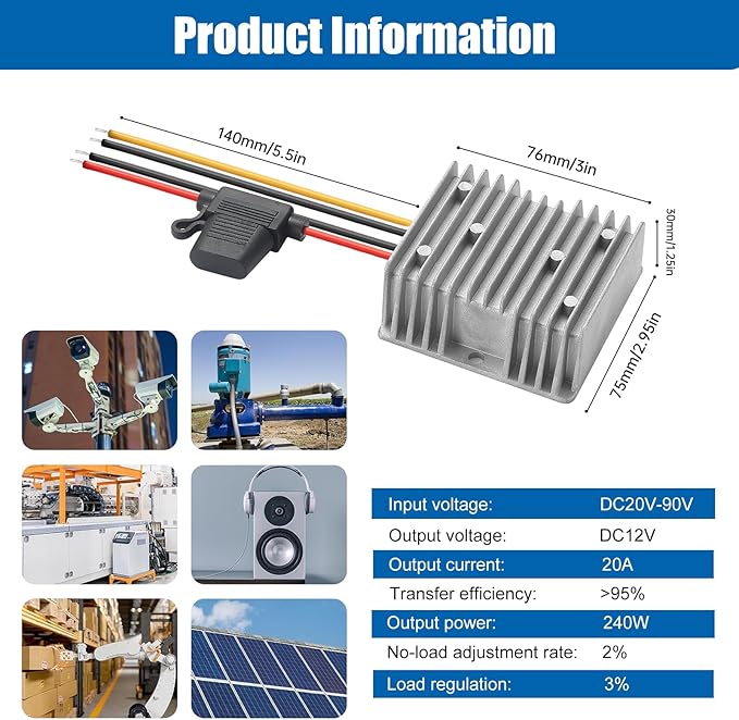 Yancincny 240W Dc-Dc Step Down to 12V Converter, DC 90V 72V 60V 48V 36V 24V to 12v Voltage Converter 20A Regulator Step Down to 12V dc Converter Reducer Power Supply Transformer Module for Golf Cart