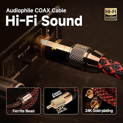 TODN Hi-end Digital Coaxial Cable OFC Core for Audiophile 75-Ohm SPDIF RCA to RCA Audio Cable for Subwoofer, TV, Amp, HiFi Systems (9.8ft /3m)